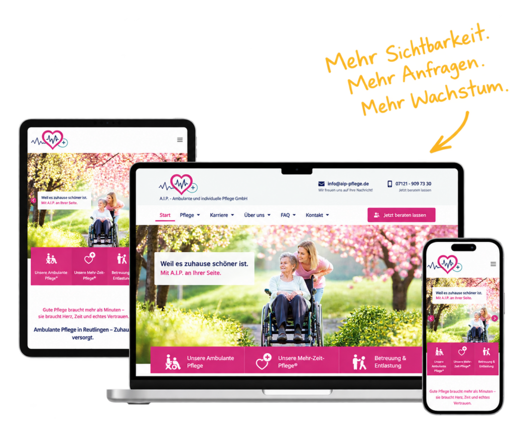 Responsive Webdesign Referenz von Dipool für A.i.P. Pflege auf Desktop, Tablet und Smartphone